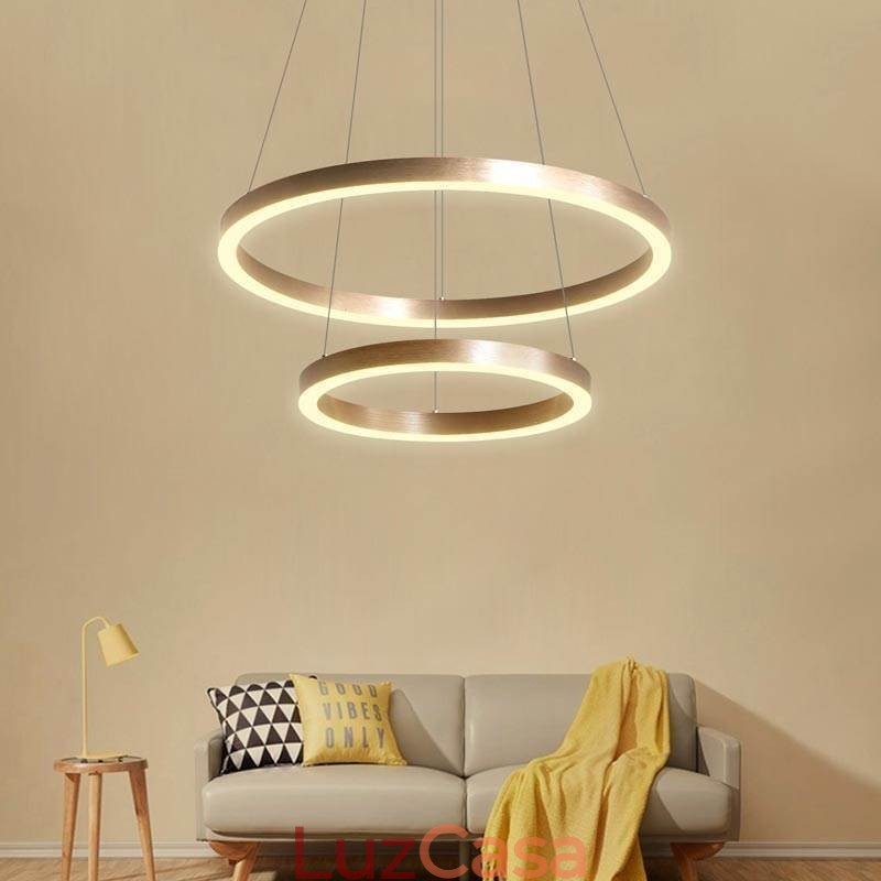 Luminária pendente desenho artesanato 2 anéis lâmpada 60+40cm