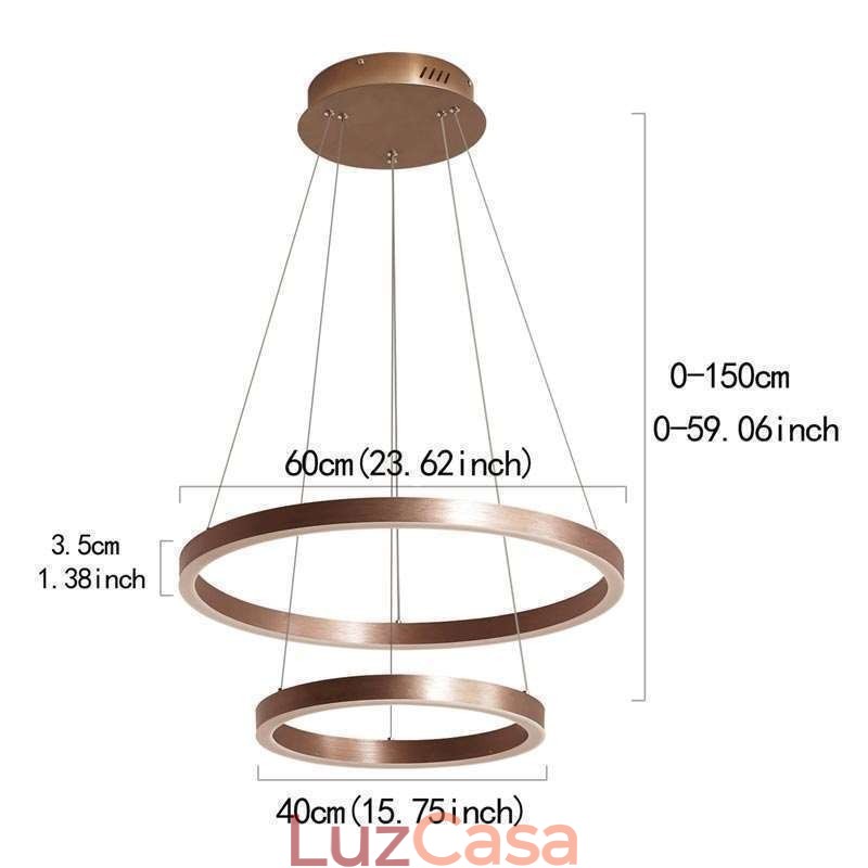 Luminária pendente desenho artesanato 2 anéis lâmpada 60+40cm