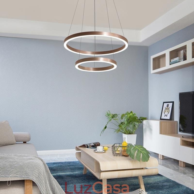 Luminária pendente desenho artesanato 2 anéis lâmpada 60+40cm