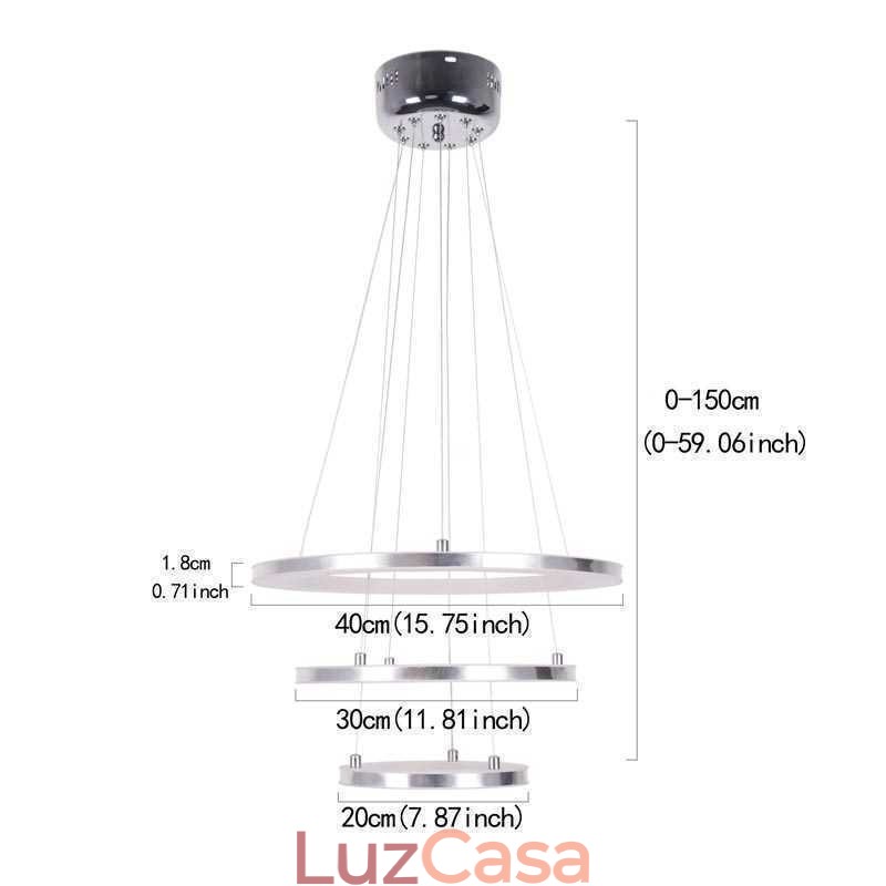 Luminária pendente moderna acrílica 3 anéis lâmpada 40+30+20cm