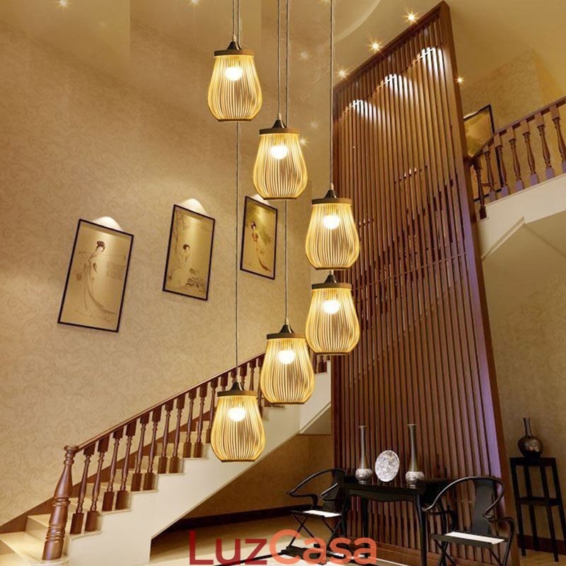 Luminária pendente de gaiola oca moderna iluminação pendente de bambu
