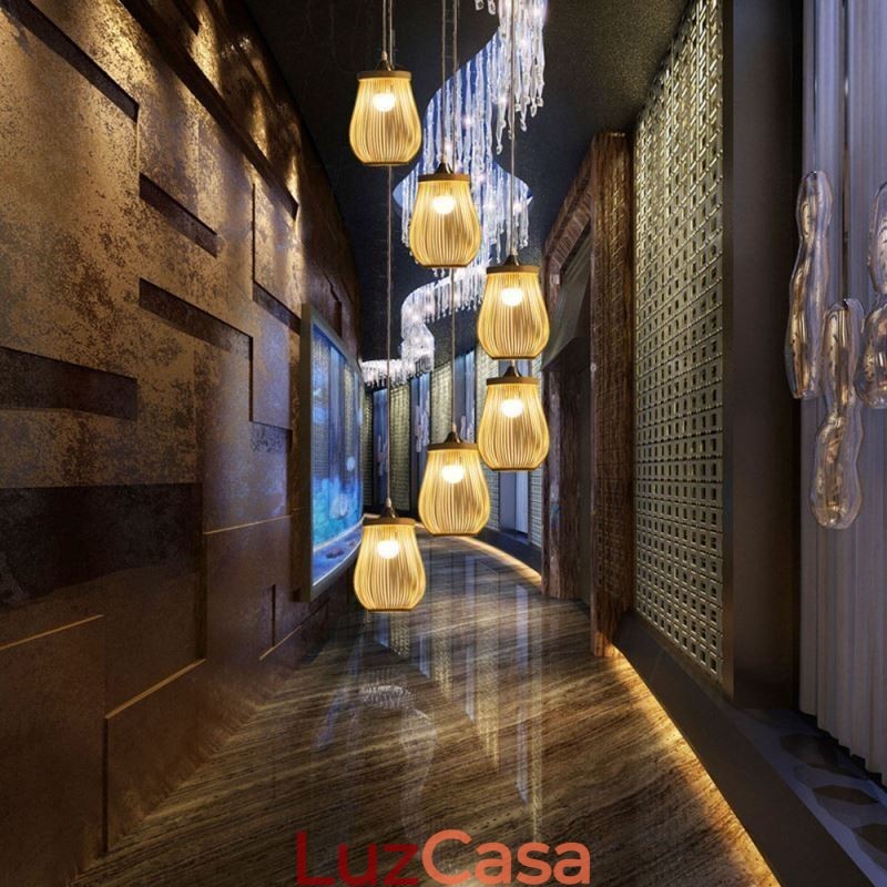 Luminária pendente de gaiola oca moderna iluminação pendente de bambu