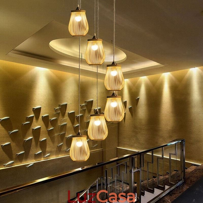 Luminária pendente de gaiola oca moderna iluminação pendente de bambu