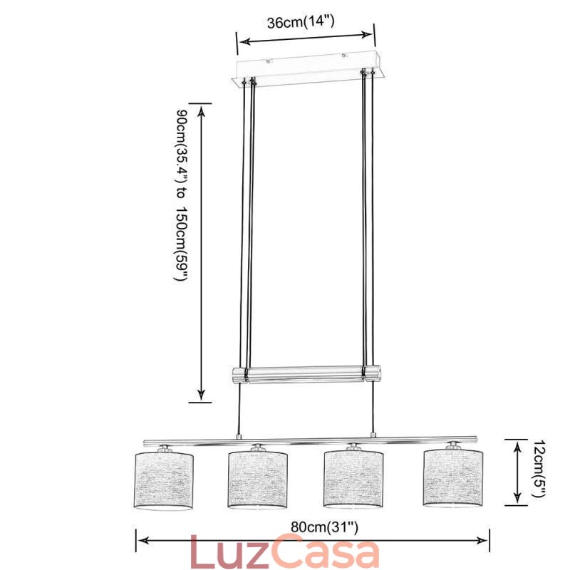 Luminária pendente moderna de 4 luzes com abajur de tecido e altura ajustável