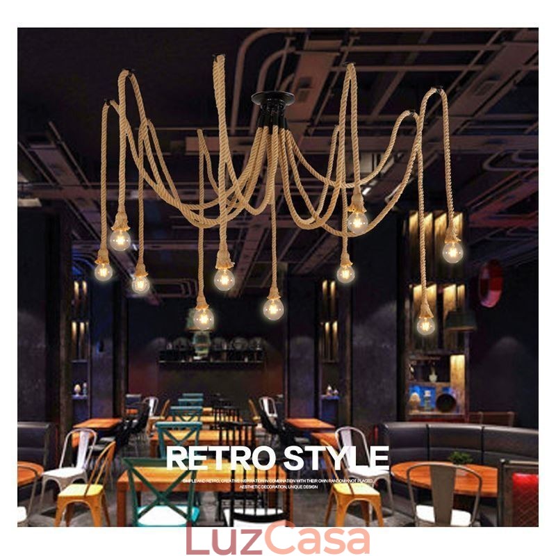 Estilo Retro 6 10 Cabeças Pendente Luz Corda De Cânhamo Lustre Vintage Luz De Teto