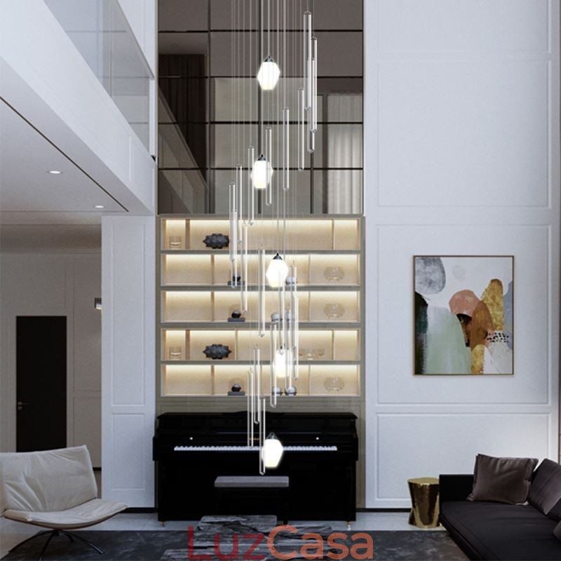 Cluster Pendant Light Moderno Grande Pingente Lustre de Cristal Duplex Escadaria
