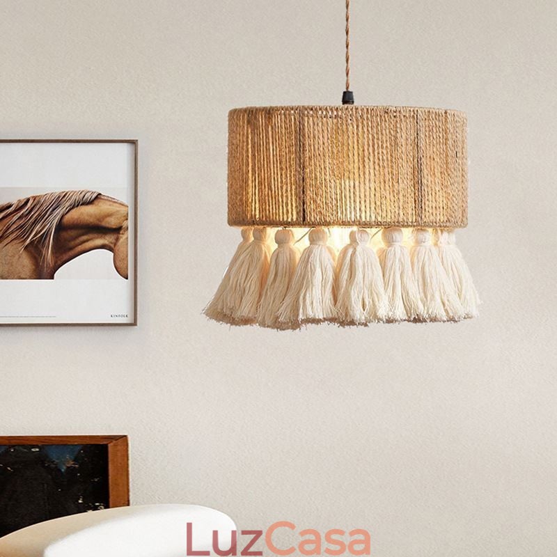Luminária pendente de corda de cânhamo, decoração retrô, abajur de teto com borla