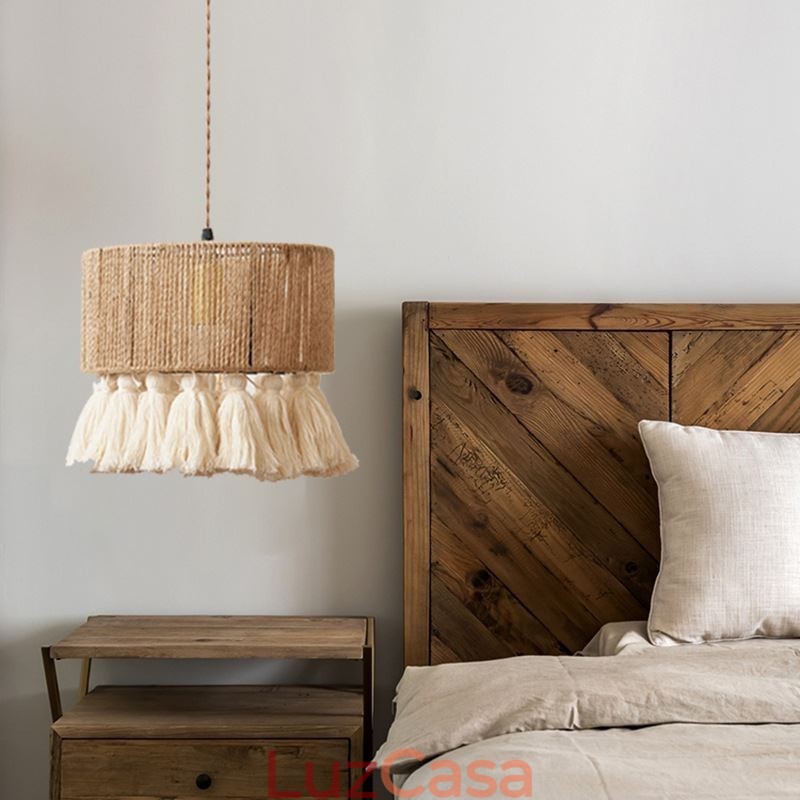 Luminária pendente de corda de cânhamo, decoração retrô, abajur de teto com borla