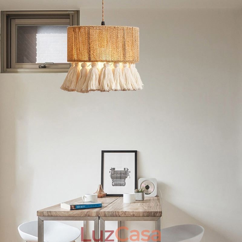 Luminária pendente de corda de cânhamo, decoração retrô, abajur de teto com borla