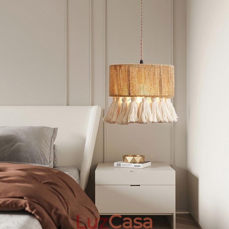 Luminária pendente de corda de cânhamo, decoração retrô, abajur de teto com borla