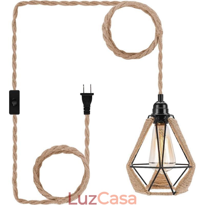 Luminária pendente retrô de corda de cânhamo, luz de teto, fio de suspensão de 5 m