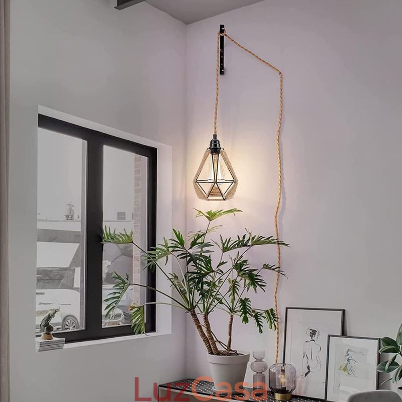 Luminária pendente retrô de corda de cânhamo, luz de teto, fio de suspensão de 5 m