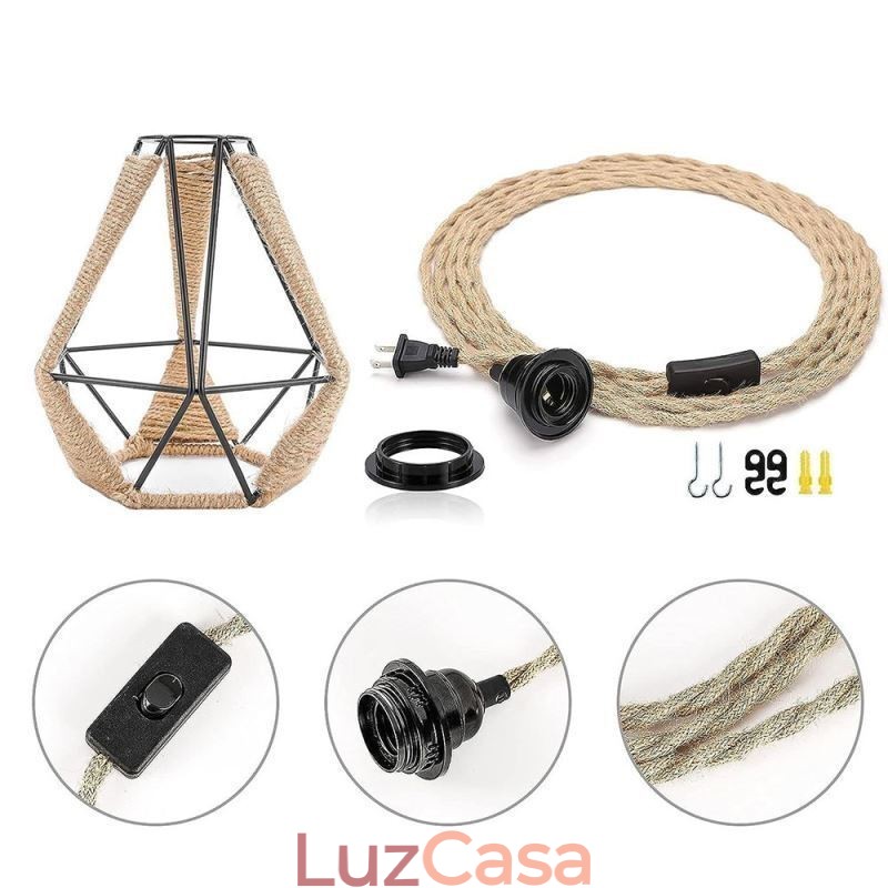 Luminária pendente retrô de corda de cânhamo, luz de teto, fio de suspensão de 5 m