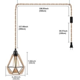 Luminária pendente retrô de corda de cânhamo, luz de teto, fio de suspensão de 5 m