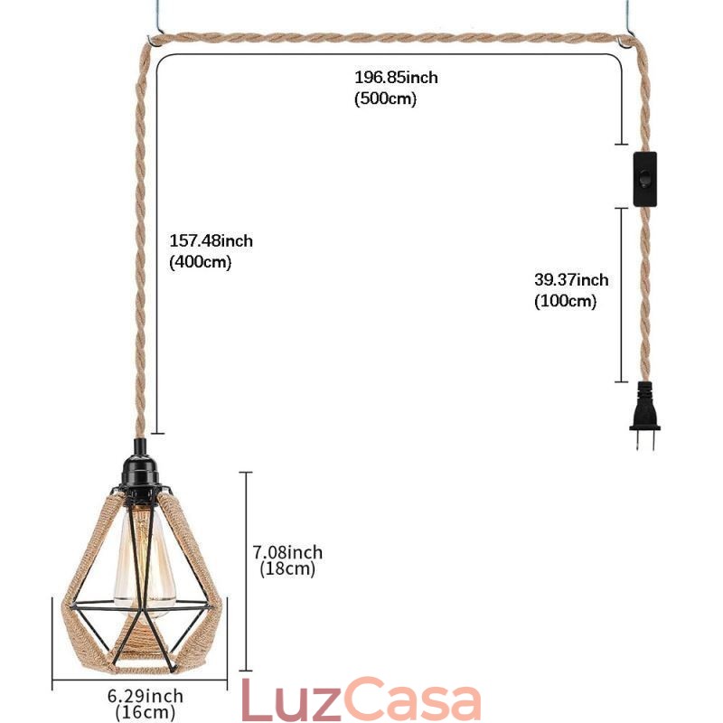 Luminária pendente retrô de corda de cânhamo, luz de teto, fio de suspensão de 5 m