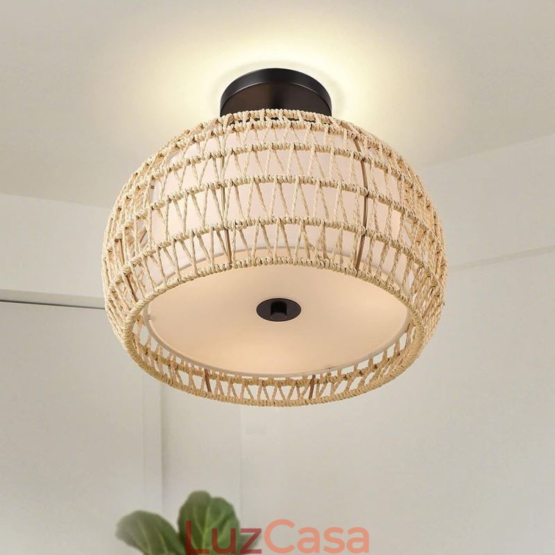 Abajur redondo de 32 cm com corda de papel e tecido embutido 3 luzes
