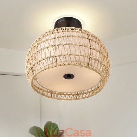Abajur redondo de 32 cm com corda de papel e tecido embutido 3 luzes Abajur redondo de 32 cm com corda de papel e tecido embutido 3 luzes