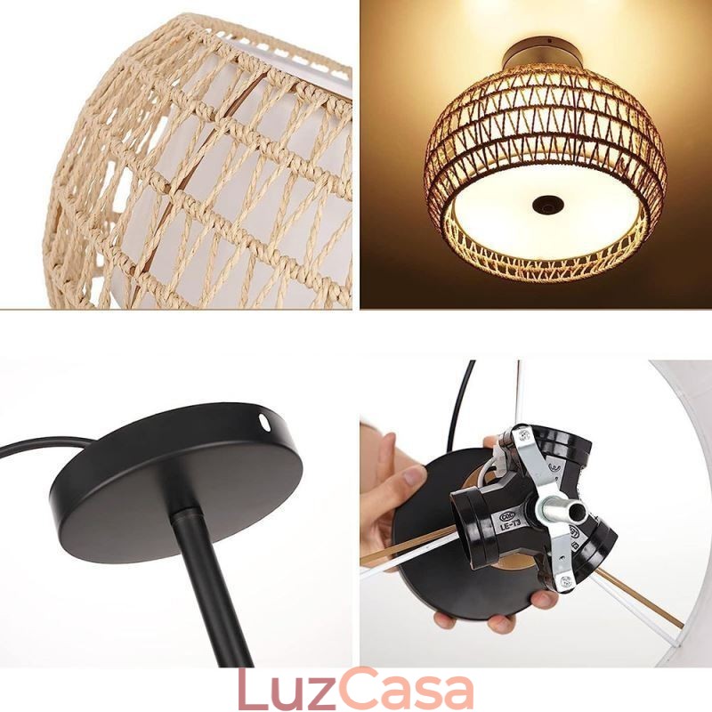 Abajur redondo de 32 cm com corda de papel e tecido embutido 3 luzes