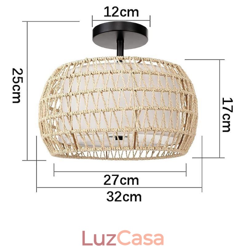 Abajur redondo de 32 cm com corda de papel e tecido embutido 3 luzes