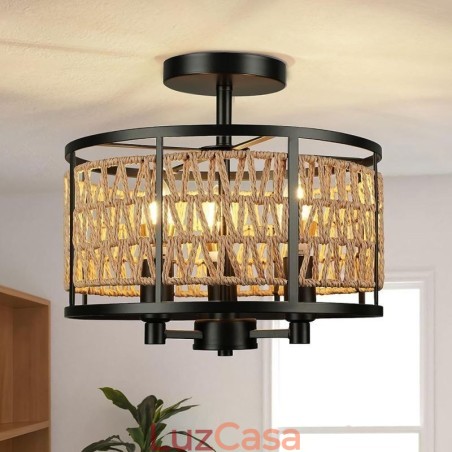 Luminária de teto retrô, luminária de teto de corda de papel de ferro preto, 3 luzes Luminária de teto retrô, luminária de teto de corda de papel de ferro preto, 3 luzes