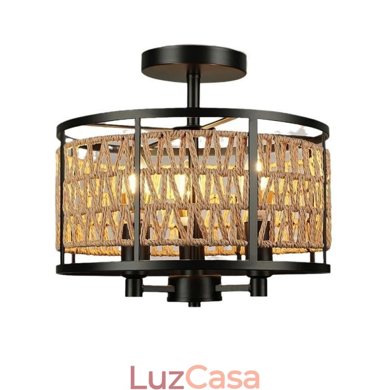 Luminária de teto retrô, luminária de teto de corda de papel de ferro preto, 3 luzes