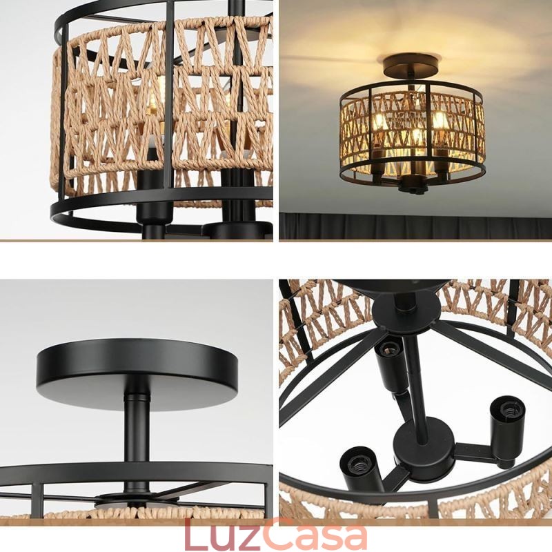 Luminária de teto retrô, luminária de teto de corda de papel de ferro preto, 3 luzes