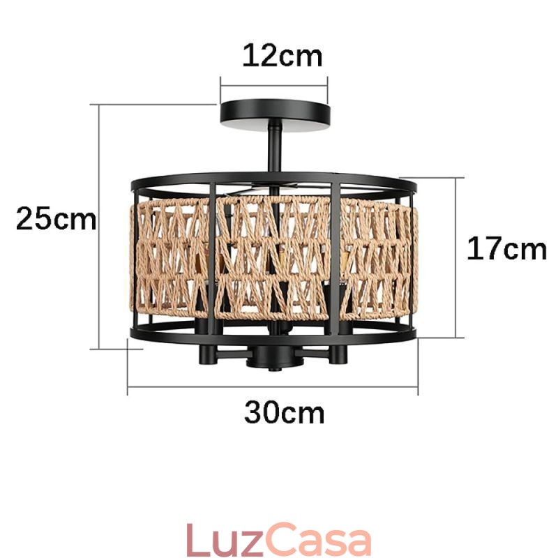 Luminária de teto retrô, luminária de teto de corda de papel de ferro preto, 3 luzes