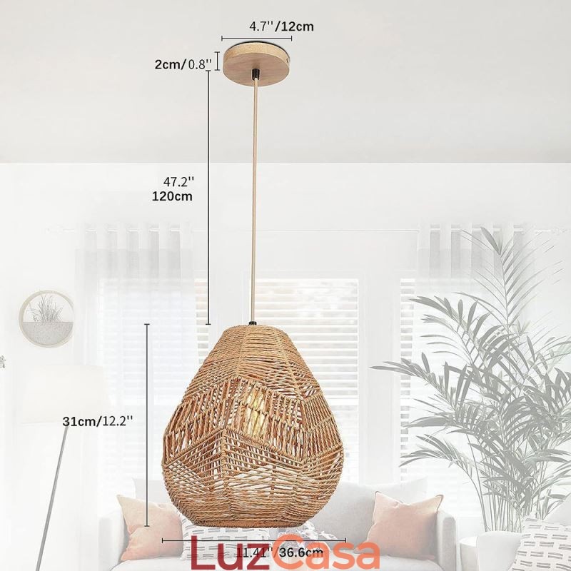 Luminária de teto nórdica retrô, abajur de corda de papel natural, tecido à mão