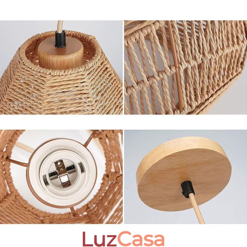 Luminária de teto nórdica retrô, abajur de corda de papel natural, tecido à mão