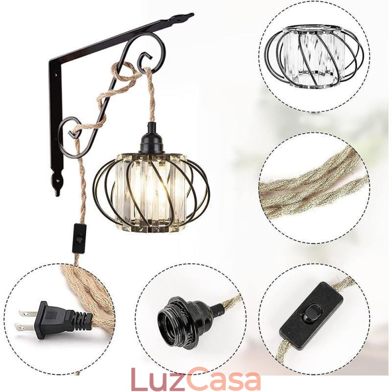Retro Country Ceiling Light Corda de cânhamo Ferro Luz de cabeceira pendente com plugue