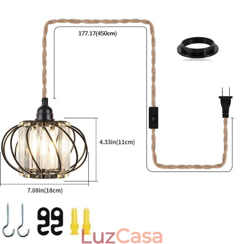 Retro Country Ceiling Light Corda de cânhamo Ferro Luz de cabeceira pendente com plugue