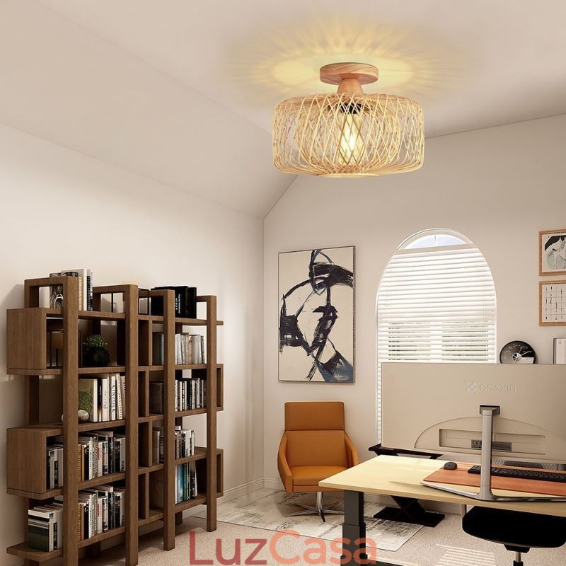 Luminária de teto retrô de camada dupla, abajur de bambu feito à mão, luz de teto
