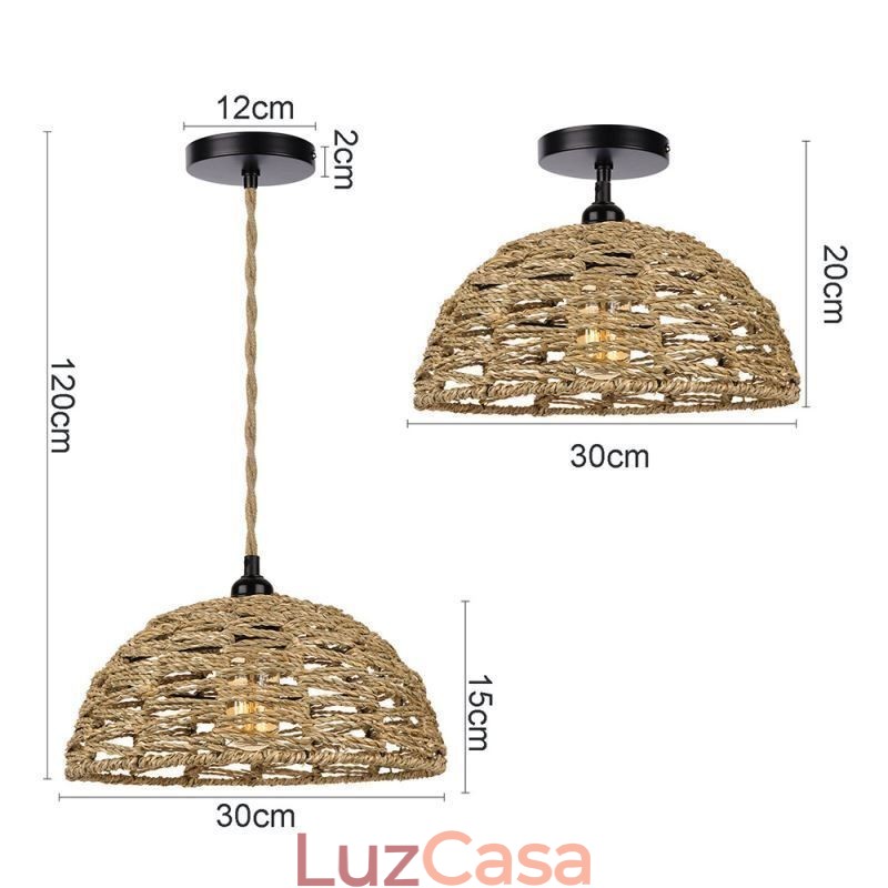 Luz pendente retrô country, abajur de corda de papel trançado à mão, 30 cm