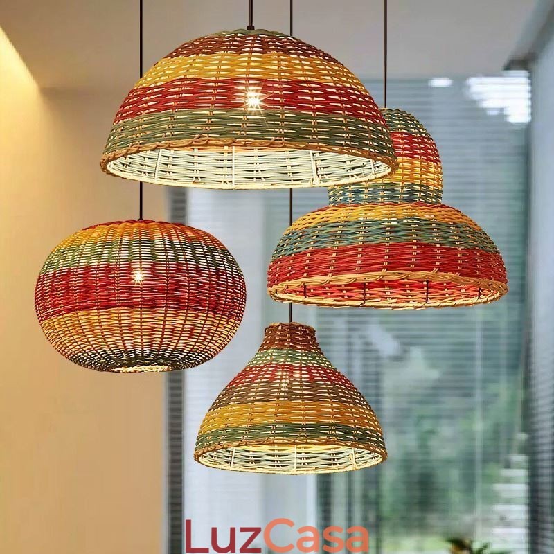 Luminária pendente de bambu e rattan, colorida, listrada, com intervalo, feita à mão, abajur de teto