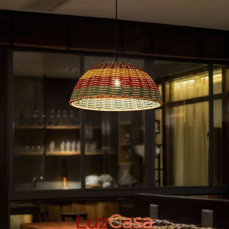 Luminária pendente de bambu e rattan, colorida, listrada, com intervalo, feita à mão, abajur de teto