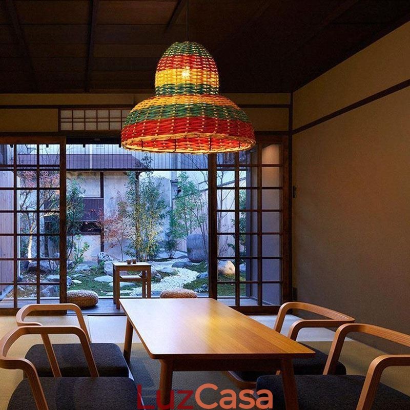 Luminária pendente de bambu e rattan, colorida, listrada, com intervalo, feita à mão, abajur de teto