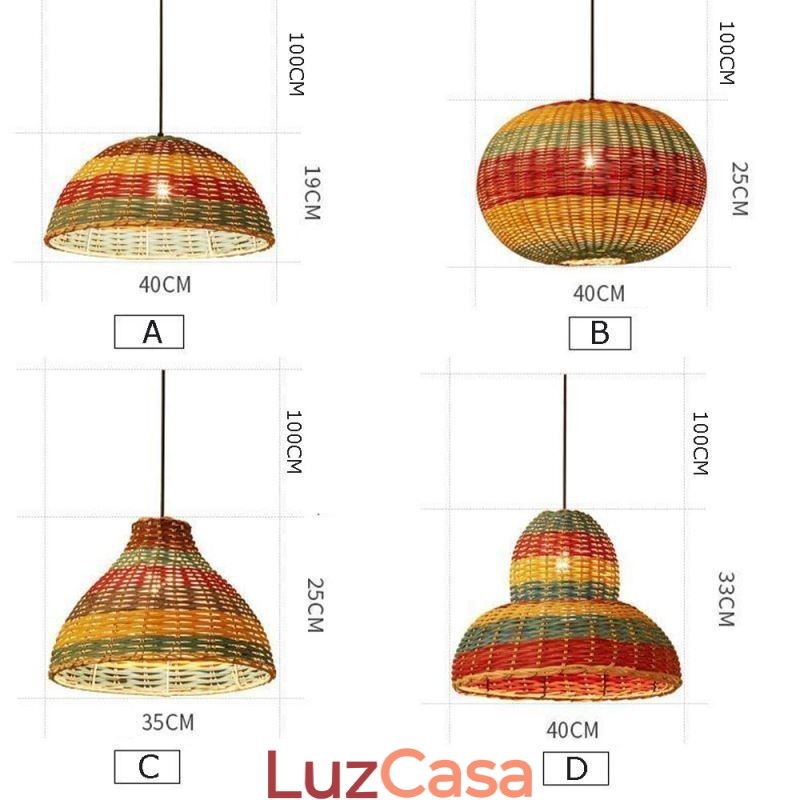 Luminária pendente de bambu e rattan, colorida, listrada, com intervalo, feita à mão, abajur de teto