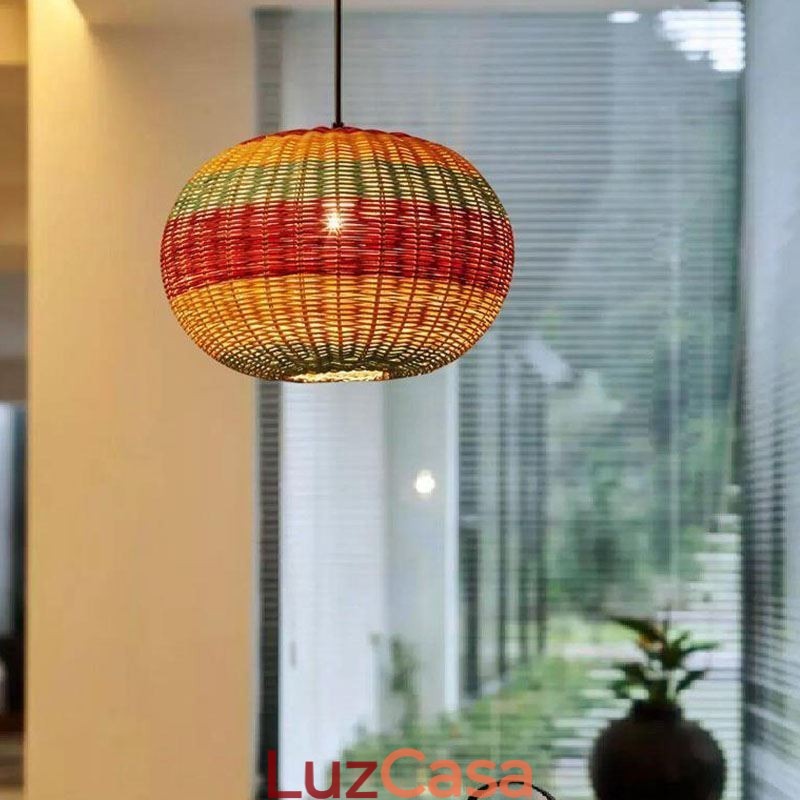 Luminária pendente de bambu e rattan, colorida, listrada, com intervalo, feita à mão, abajur de teto