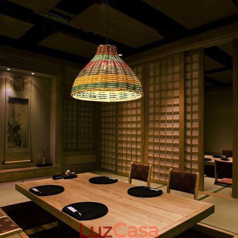 Luminária pendente de bambu e rattan, colorida, listrada, com intervalo, feita à mão, abajur de teto