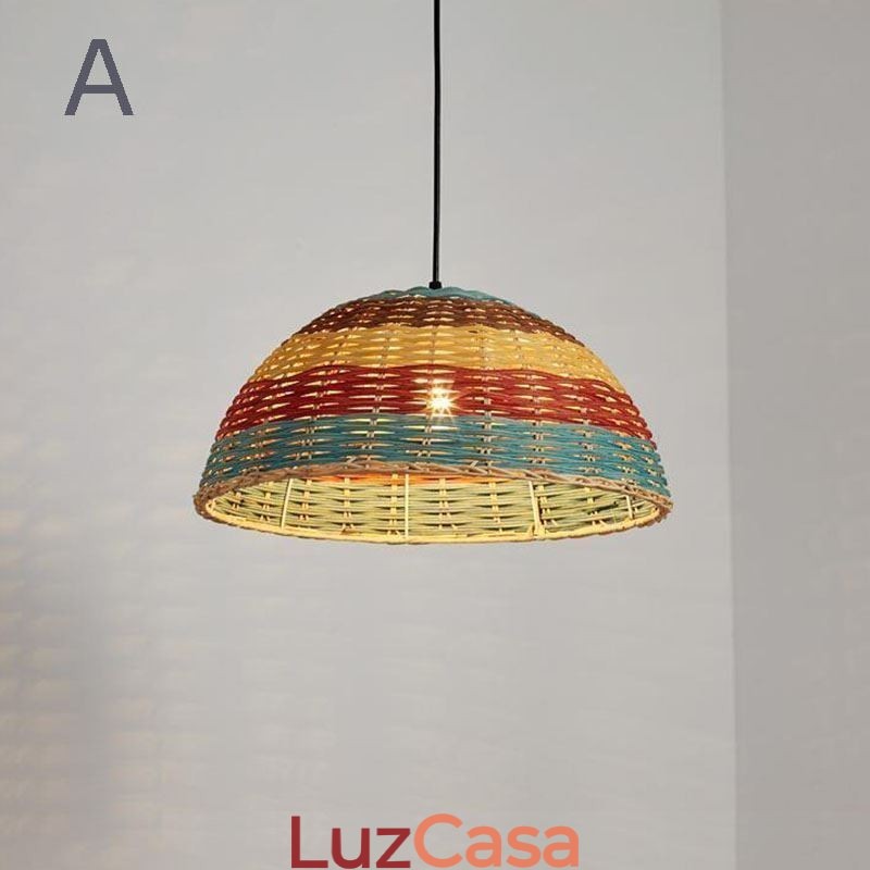 Luminária pendente de bambu e rattan, colorida, listrada, com intervalo, feita à mão, abajur de teto