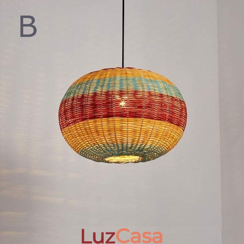 Luminária pendente de bambu e rattan, colorida, listrada, com intervalo, feita à mão, abajur de teto