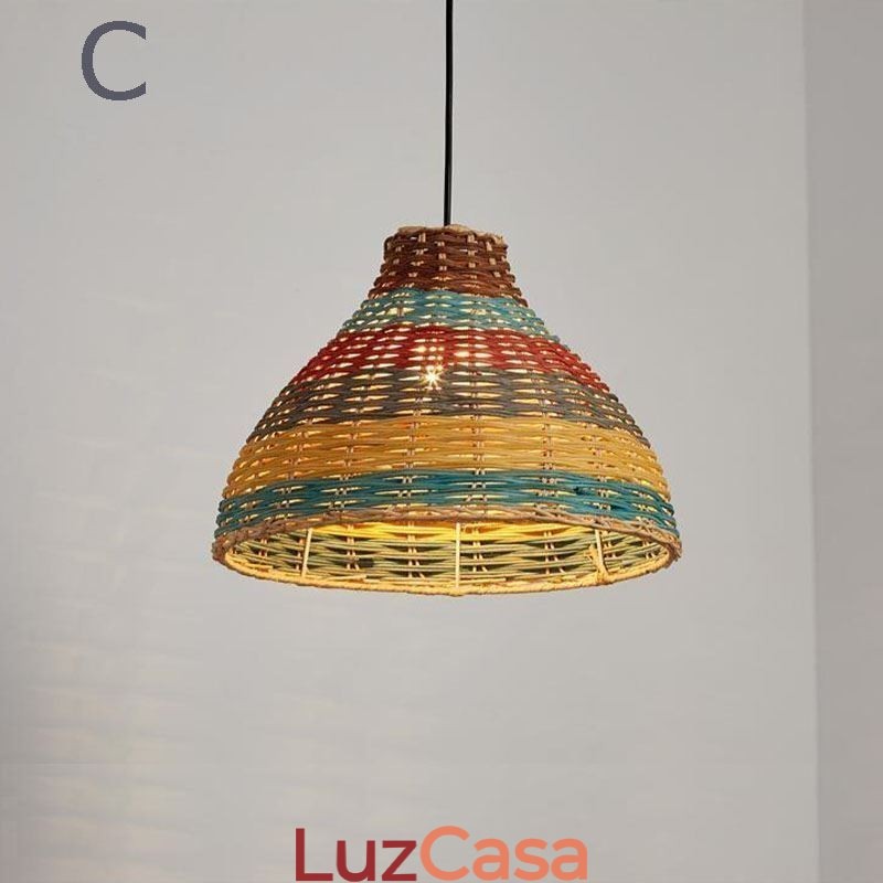 Luminária pendente de bambu e rattan, colorida, listrada, com intervalo, feita à mão, abajur de teto