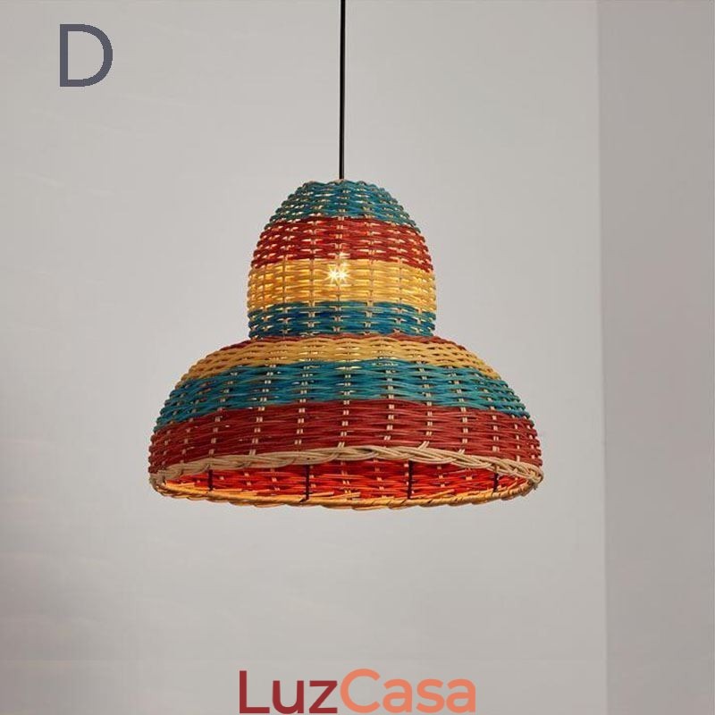 Luminária pendente de bambu e rattan, colorida, listrada, com intervalo, feita à mão, abajur de teto