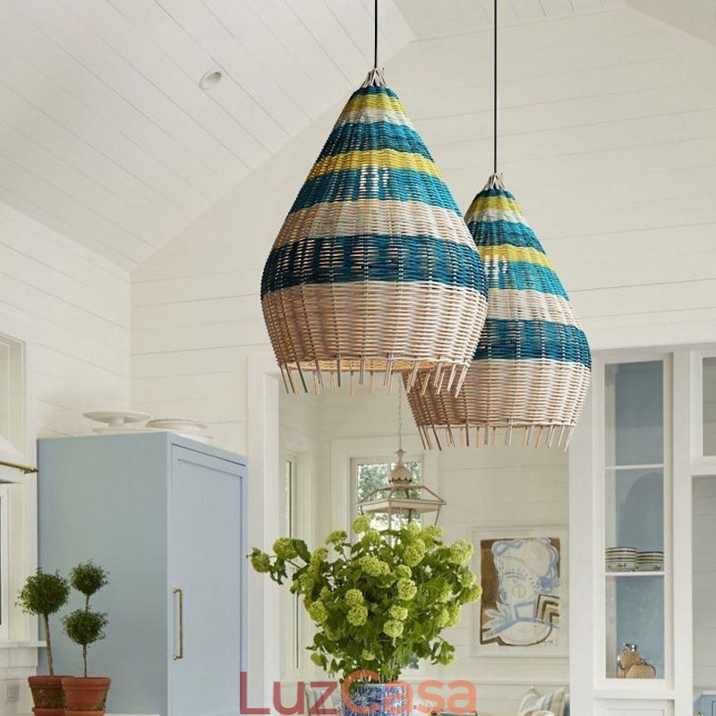 Luminária pendente de bambu e rattan com listras, abajur de teto feito à mão