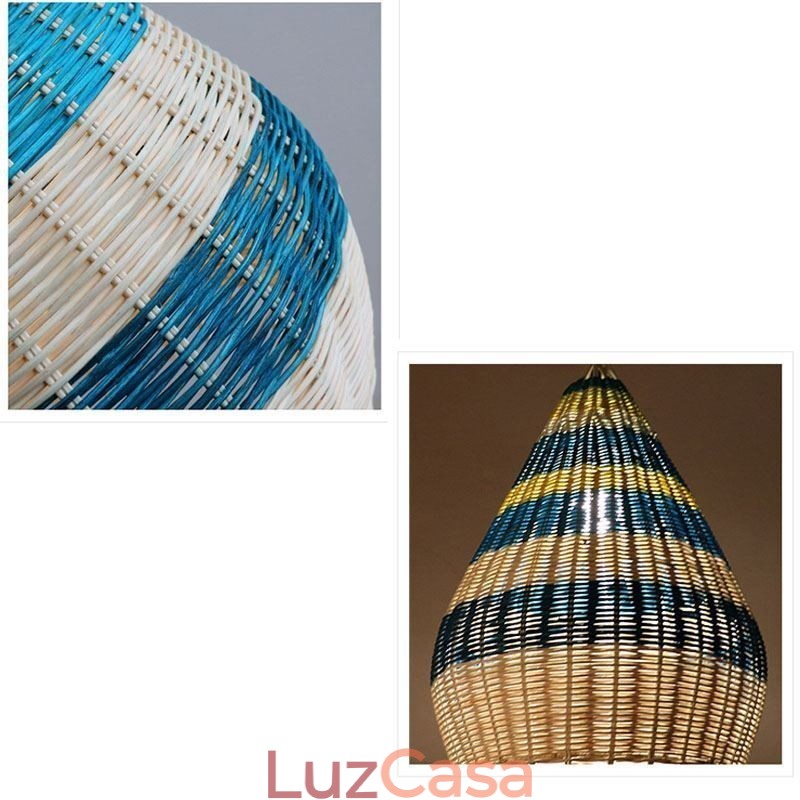 Luminária pendente de bambu e rattan com listras, abajur de teto feito à mão