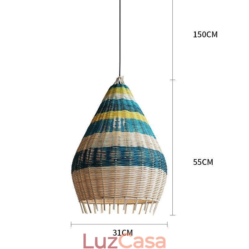 Luminária pendente de bambu e rattan com listras, abajur de teto feito à mão