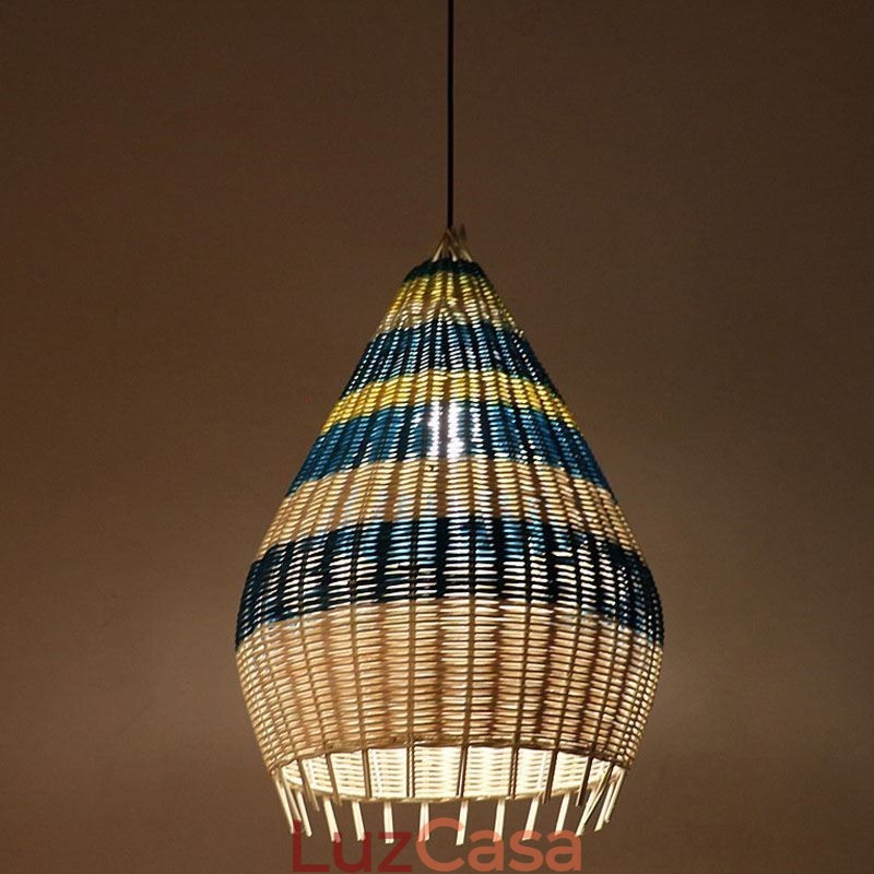 Luminária pendente de bambu e rattan com listras, abajur de teto feito à mão