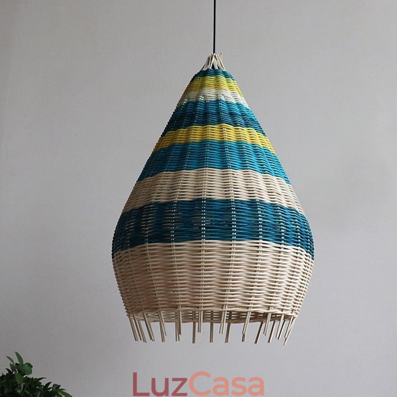 Luminária pendente de bambu e rattan com listras, abajur de teto feito à mão
