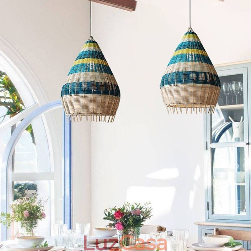 Luminária pendente de bambu e rattan com listras, abajur de teto feito à mão