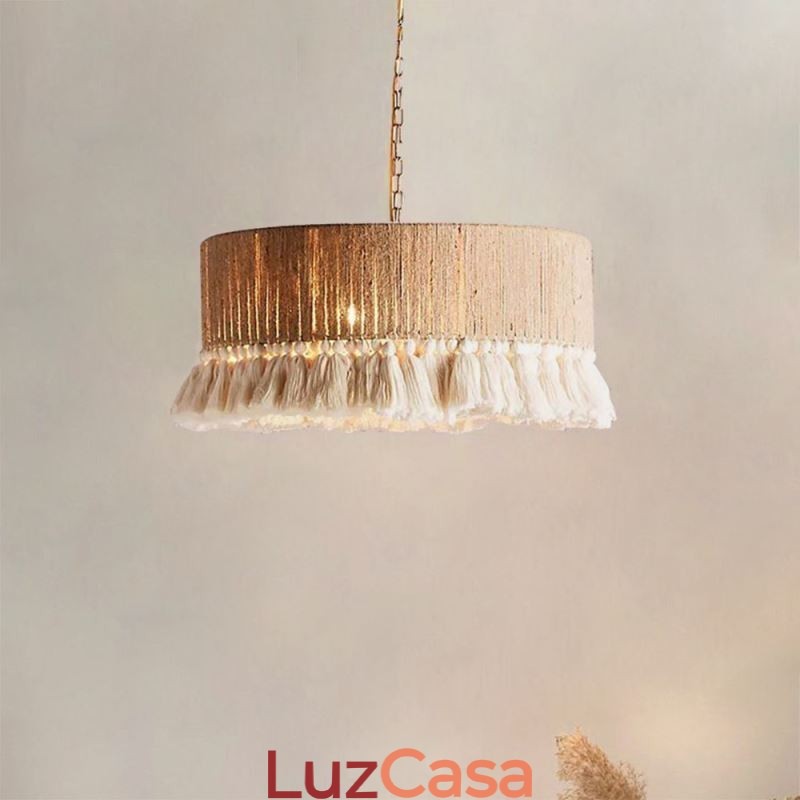 Luminária pendente retrô estilo boêmio com borla de corda de cânhamo